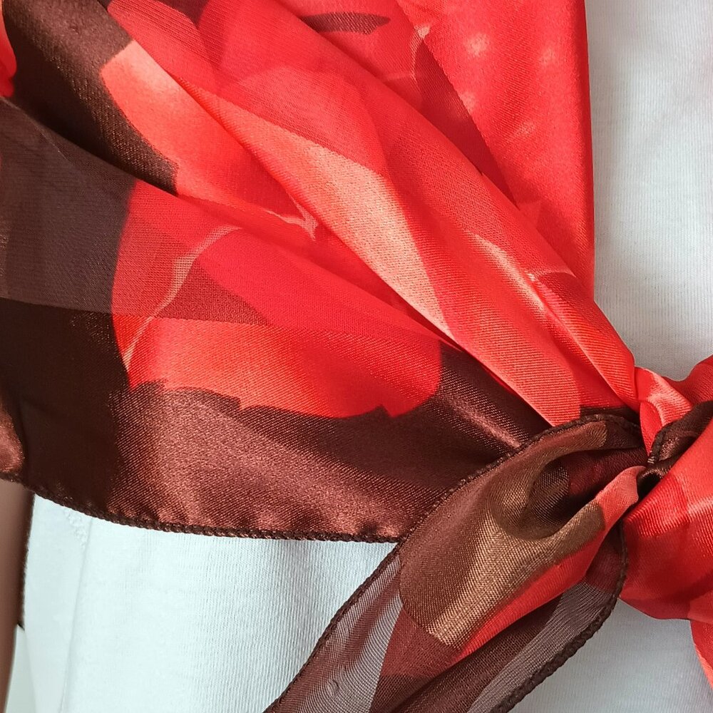 Perry Ellis Square Floral Scarf 40" x 40" Women's Orange & Brown Silky Feel - Picture 8 of 10